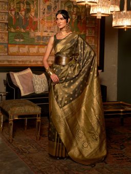 Odette - Olive Woven Design Silk Blend Handloom Saree with Unstitched Blouse for Women