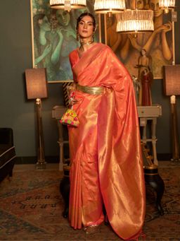 Odette - Orange Woven Design Silk Blend Handloom Saree with Unstitched Blouse for Women