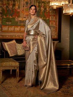 Odette - Grey Woven Design Silk Blend Handloom Saree with Unstitched Blouse for Women