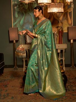 Odette - Teal Woven Design Silk Blend Handloom Saree with Unstitched Blouse for Women