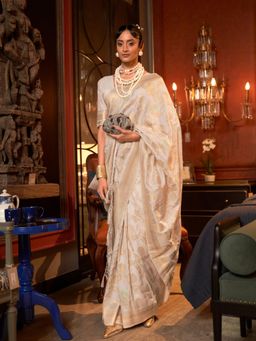 Odette - Off White Woven Design Silk Blend Handloom Saree with Unstitched Blouse for Women
