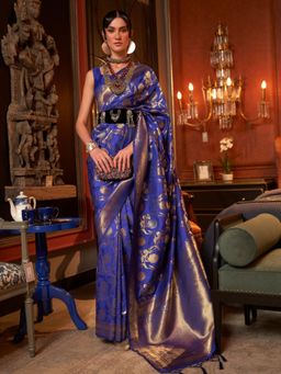 Odette - Navy Blue Woven Design Silk Blend Handloom Saree with Unstitched Blouse for Women