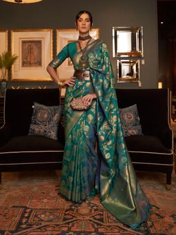 Odette - Green Woven Design Silk Blend Handloom Saree with Unstitched Blouse for Women