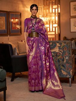 Odette - Purple Woven Design Silk Blend Handloom Saree with Unstitched Blouse for Women