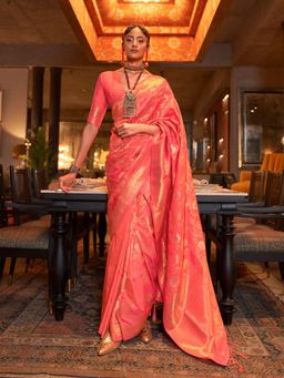 Odette - Orange Woven Design Silk Blend Handloom Saree with Unstitched Blouse for Women