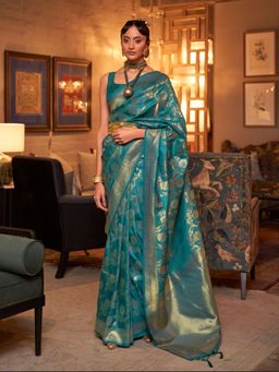 Odette - Teal Woven Design Silk Blend Handloom Saree with Unstitched Blouse for Women