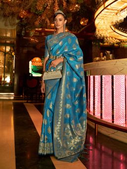 Odette - Blue Woven Design Silk Blend Handloom Saree with Unstitched Blouse for Women
