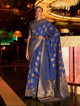 Odette - Navy Blue Woven Design Silk Blend Handloom Saree with Unstitched Blouse for Women