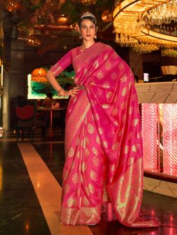 Odette - Pink Woven Design Silk Blend Handloom Saree with Unstitched Blouse for Women