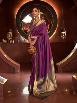 Odette - Purple and Gold Woven Design Silk Blend Handloom Saree with Unstitched Blouse for Women