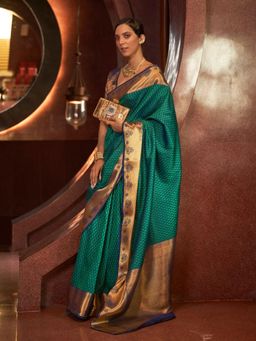 Odette - Green and Gold Woven Design Silk Blend Handloom Saree with Unstitched Blouse for Women