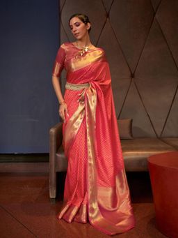 Odette - Orange and Gold Woven Design Silk Blend Handloom Saree with Unstitched Blouse for Women