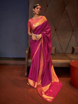 Odette - Magenta and Gold Woven Design Silk Blend Handloom Saree with Unstitched Blouse for Women