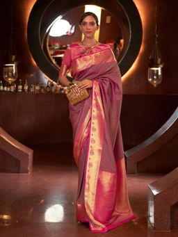 Odette - Pink and Green Woven Design Silk Blend Handloom Saree with Unstitched Blouse for Women