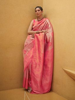Odette - Pink and Gold Woven Design Silk Blend Handloom Saree with Unstitched Blouse for Women