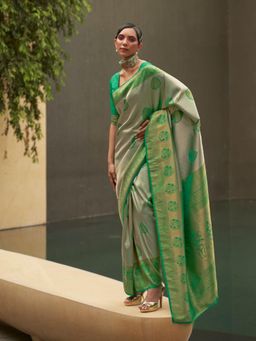 Odette - Green and Gold Woven Design Silk Blend Handloom Saree with Unstitched Blouse for Women