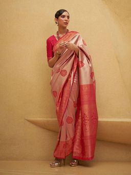Odette - Red and Gold Woven Design Silk Blend Handloom Saree with Unstitched Blouse for Women