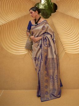 Odette - Navy Blue and Gold Woven Design Silk Blend Handloom Saree with Unstitched Blouse for Women