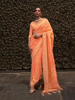 Odette - Orange Woven Design Silk Blend Handloom Saree with Unstitched Blouse for Women