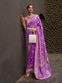 Odette - Purple Woven Design Silk Blend Handloom Saree with Unstitched Blouse for Women