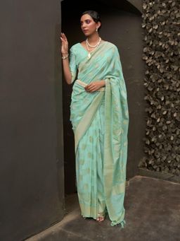 Odette - Sea Green Woven Design Silk Blend Handloom Saree with Unstitched Blouse for Women