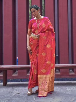 Odette - Orange Woven Design Silk Blend Handloom Saree with Unstitched Blouse for Women