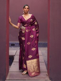 Odette - Maroon Woven Design Silk Blend Handloom Saree with Unstitched Blouse for Women