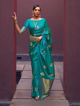 Odette - Teal Woven Design Silk Blend Handloom Saree with Unstitched Blouse for Women