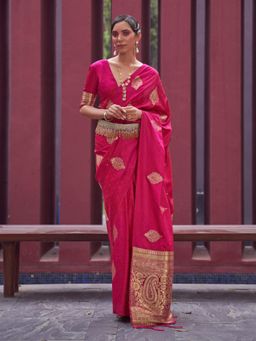 Odette - Pink Woven Design Silk Blend Handloom Saree with Unstitched Blouse for Women