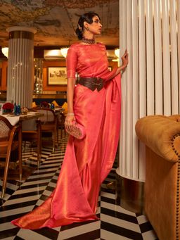 Odette - Orange Woven Design Silk Blend Handloom Saree with Unstitched Blouse for Women