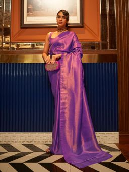 Odette - Purple Woven Design Silk Blend Handloom Saree with Unstitched Blouse for Women