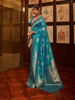 Odette - Teal Woven Design Silk Blend Handloom Saree with Unstitched Blouse for Women