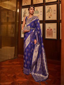 Odette - Navy Blue Woven Design Silk Blend Handloom Saree with Unstitched Blouse for Women