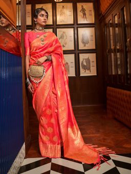 Odette - Orange Woven Design Silk Blend Handloom Saree with Unstitched Blouse for Women