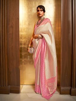 Odette - Pink and Gold Woven Design Silk Blend Handloom Saree with Unstitched Blouse for Women