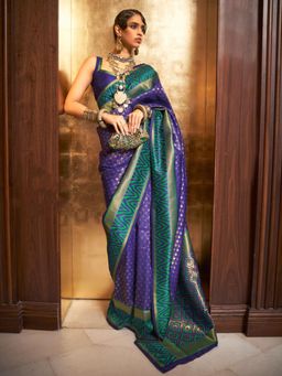 Odette - Navy Blue and Teal Woven Design Silk Blend Handloom Saree with Unstitched Blouse for Women