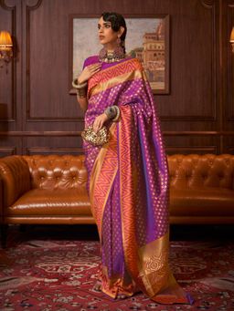 Odette - Purple and Gold Woven Design Silk Blend Handloom Saree with Unstitched Blouse for Women