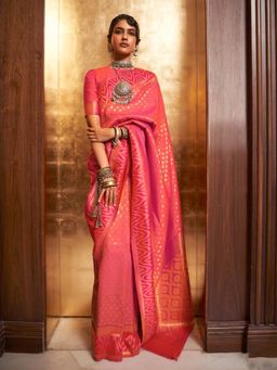 Odette - Orange and Pink Woven Design Silk Blend Handloom Saree with Unstitched Blouse for Women