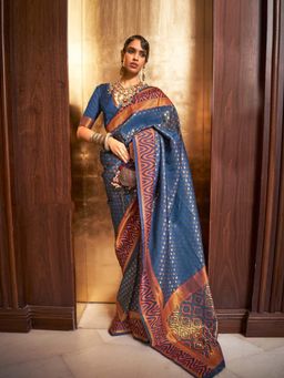 Odette - Navy Blue and Rust Woven Design Silk Blend Handloom Saree with Unstitched Blouse for Women