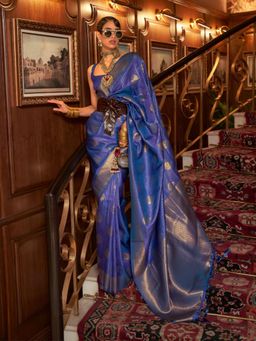 Odette - Navy Blue Woven Design Silk Blend Handloom Saree with Unstitched Blouse for Women