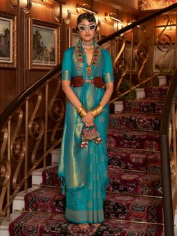 Odette - Teal Woven Design Silk Blend Handloom Saree with Unstitched Blouse for Women