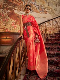 Odette - Orange Woven Design Silk Blend Handloom Saree with Unstitched Blouse for Women