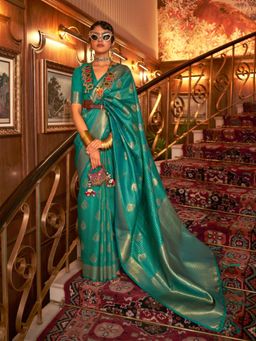 Odette - Teal Woven Design Silk Blend Handloom Saree with Unstitched Blouse for Women