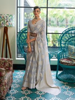 Odette - Grey Woven Design Silk Blend Embellished Saree with Unstitched Blouse for Women