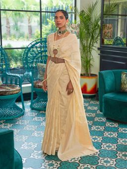 Odette - Cream Woven Design Silk Blend Embellished Saree with Unstitched Blouse for Women
