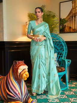 Odette - Blue Woven Design Silk Blend Handloom Saree with Unstitched Blouse for Women