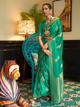 Odette - Light Green Woven Design Silk Blend Handloom Saree with Unstitched Blouse for Women