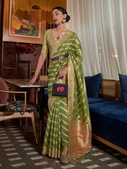 Odette - Olive Woven Design Silk Blend Handloom Saree with Unstitched Blouse for Women