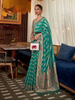 Odette - Teal Woven Design Silk Blend Handloom Saree with Unstitched Blouse for Women