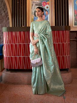 Odette - Sea Green Woven Design Silk Blend Handloom Saree with Unstitched Blouse for Women